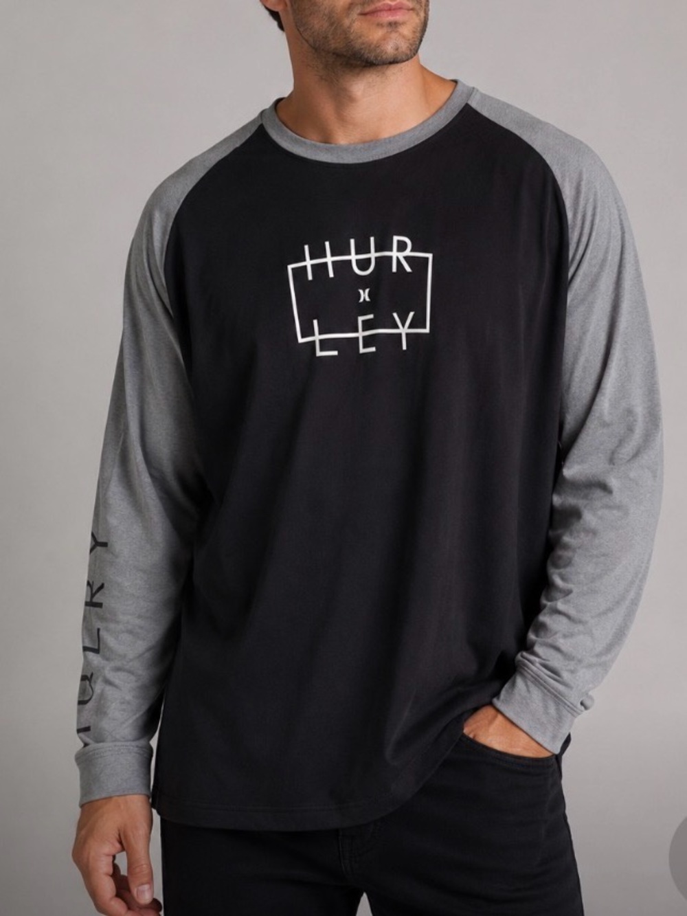 Hurley Black & Gray Long Sleeve Raglan 50+ UPF Sun Tee Size XXL